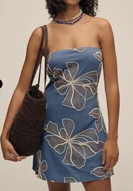 Anthropologie Flat White Strapless Blue Floral Mini Dress Medium Linen Blend